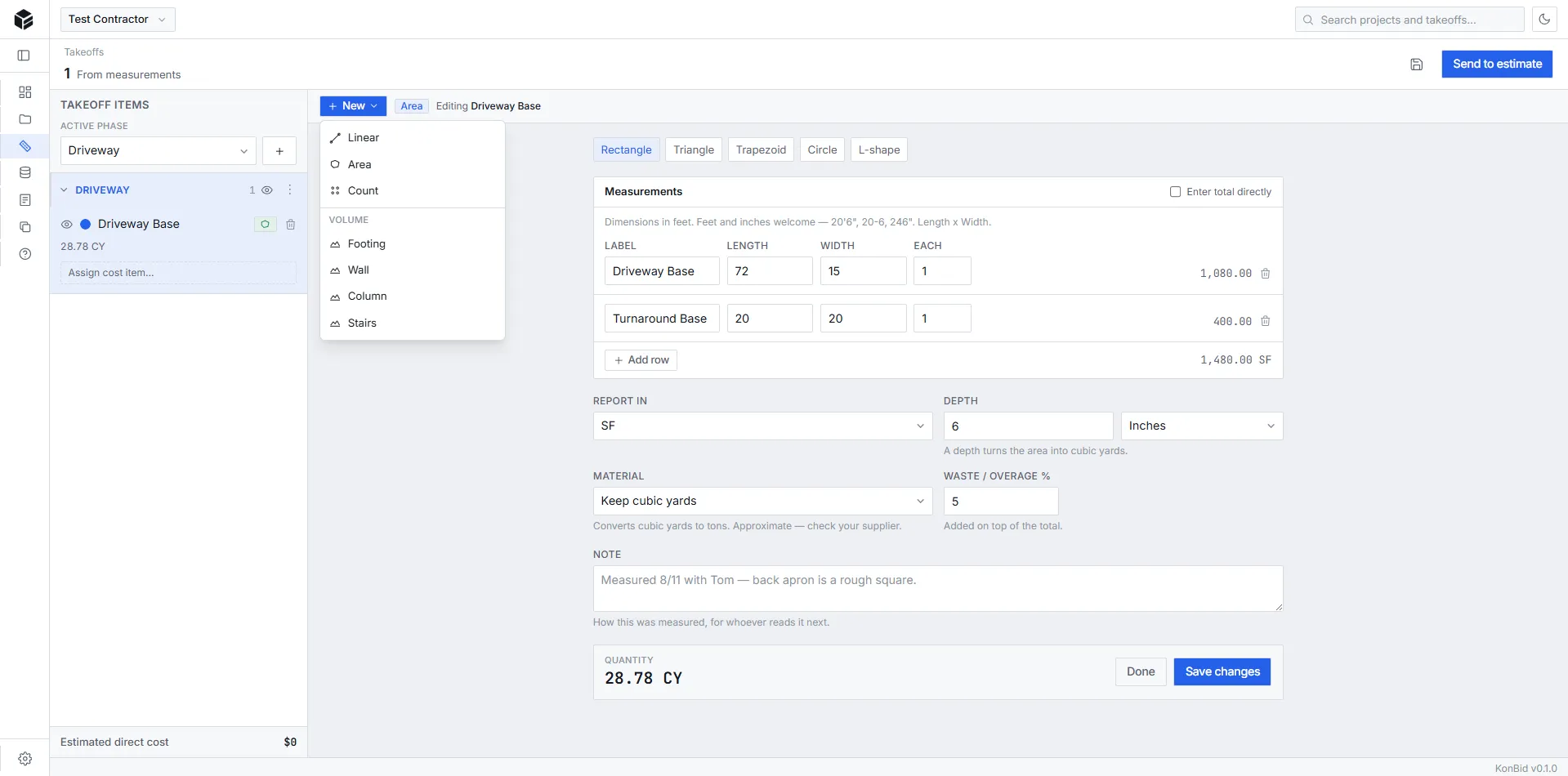KonBid on-site measurements takeoff workspace